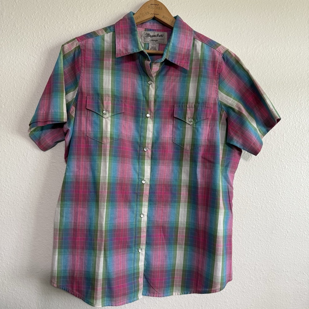 Wrangler‎ Womens Pearl Snap Shirt Size Large Pink Teal Green Check Plaid Vintage